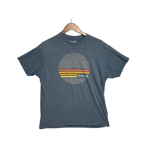 Hurley Mens Blue Gray Graphic T Shirt Sunset Logo Short Sleeve Beachy Size L - Picture 1 of 8